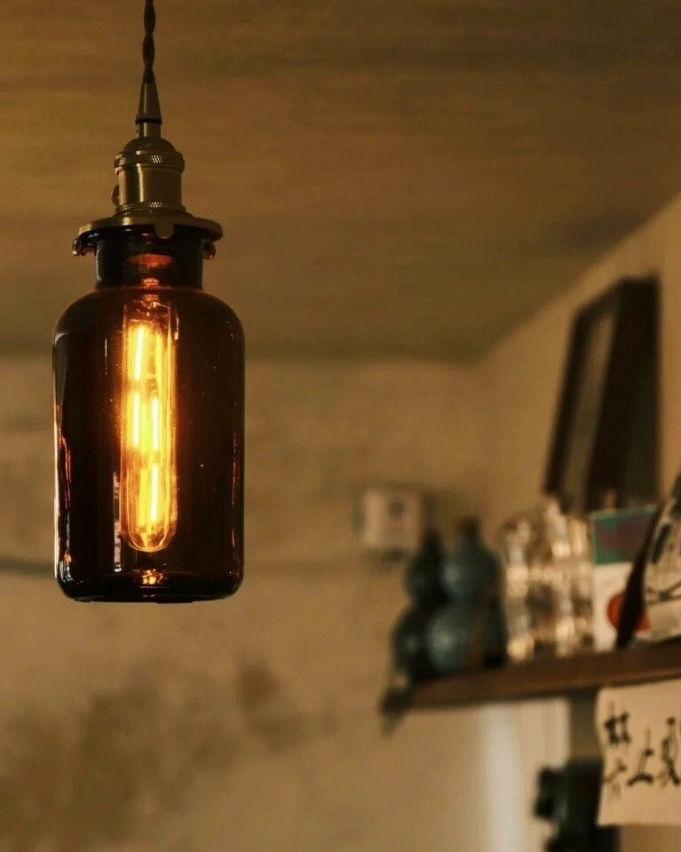 Amber Glass Pendant Light with Brass Fixture