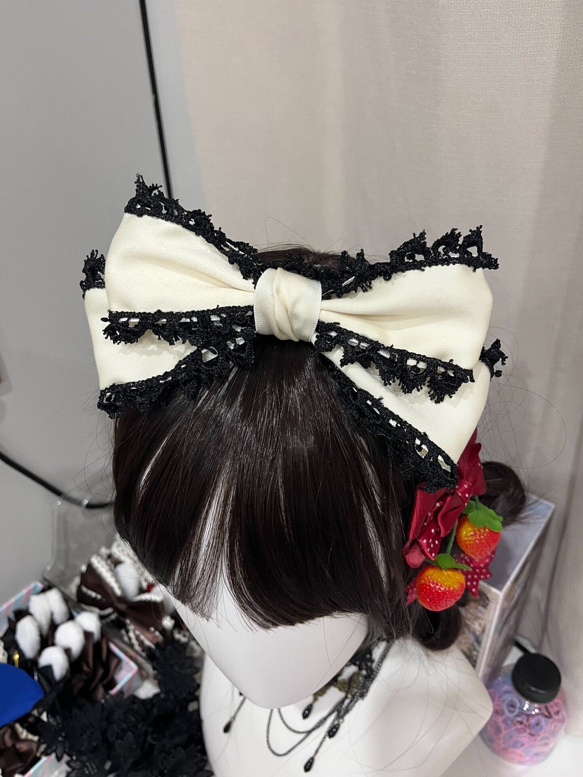 Lolita Headbow Cream Bow Black Lace Trim