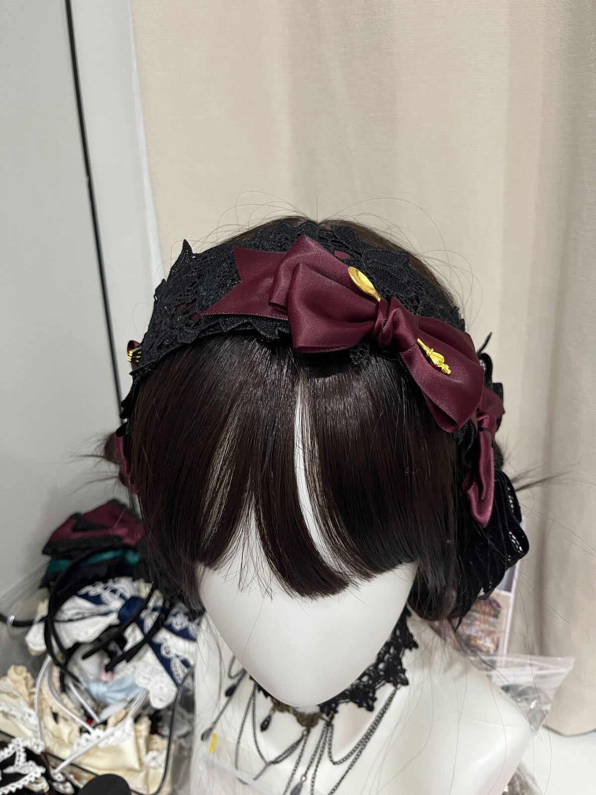 Dark Purple Lace Headband with Satin Bows