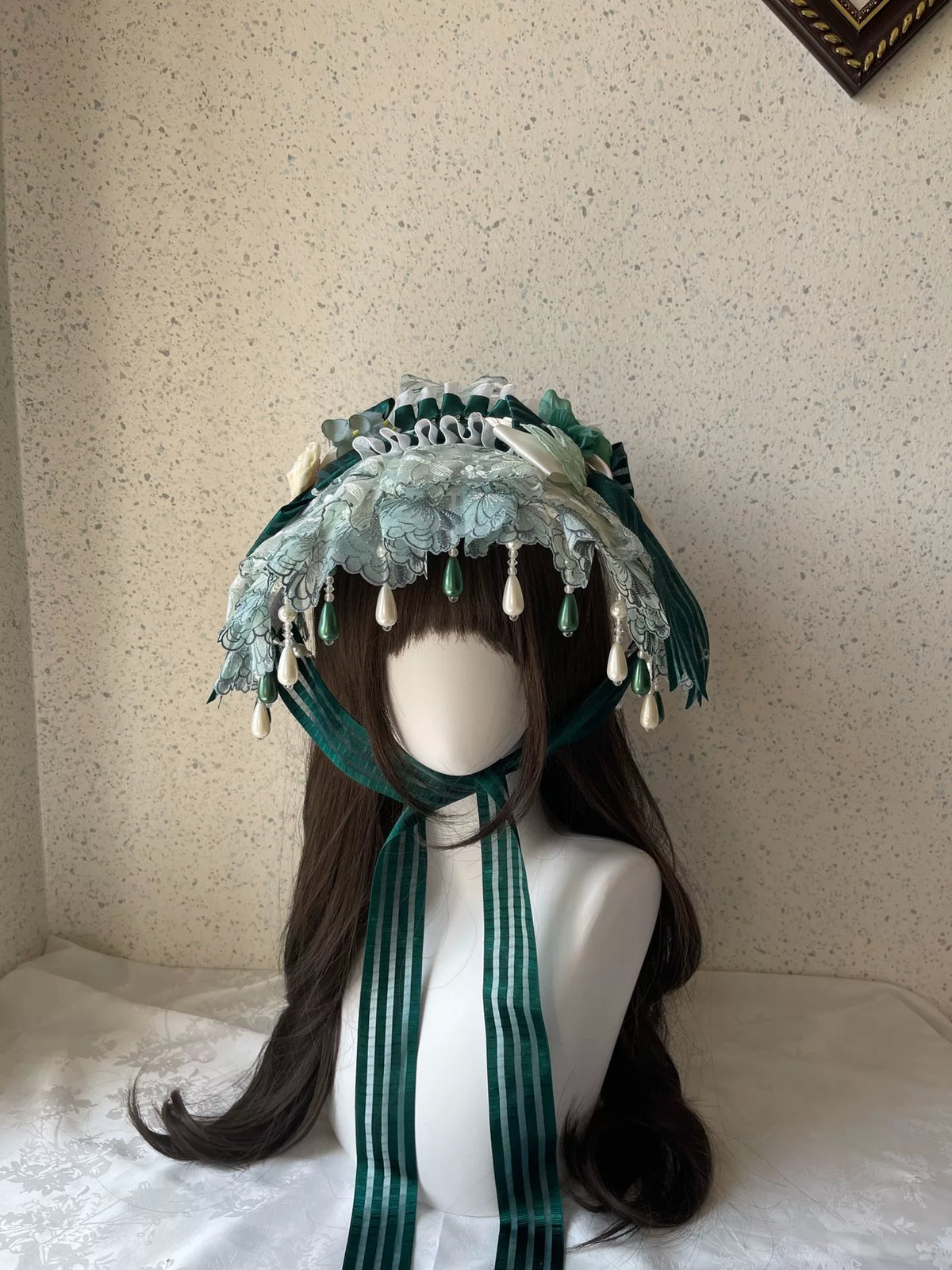 Gorro plano Lolita de encaje verde
