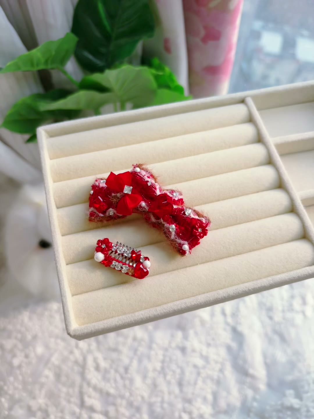 Handmade Red Plush Crystal Pet Hair Clip Set