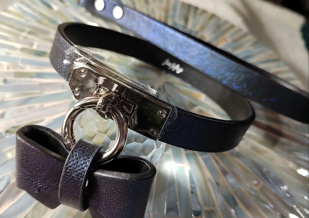 Conjunto de collar y correa para mascotas con purpurina azul