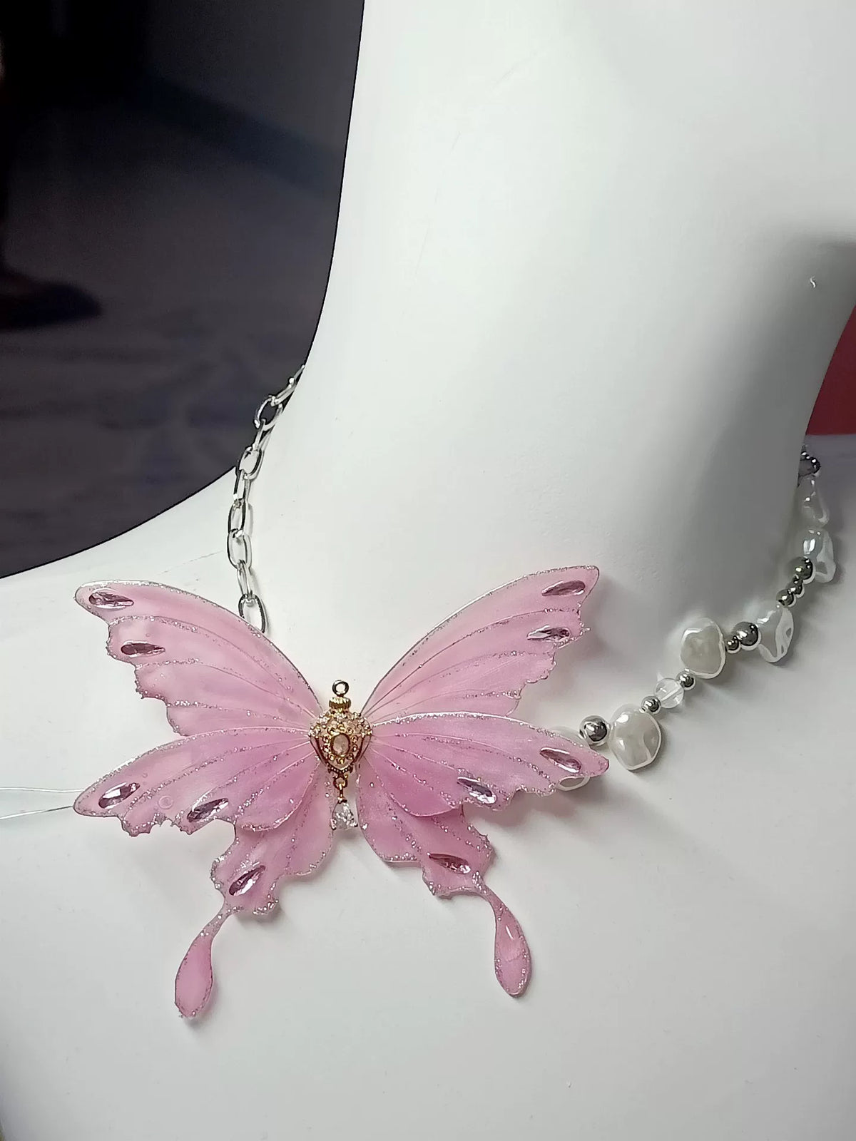 Pink Butterfly Pendant Necklace with Silver Chain