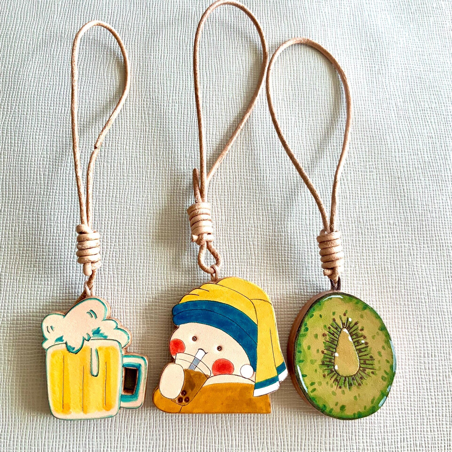 Set of 3 Hand-Painted Vegetable-Tanned Leather Charms