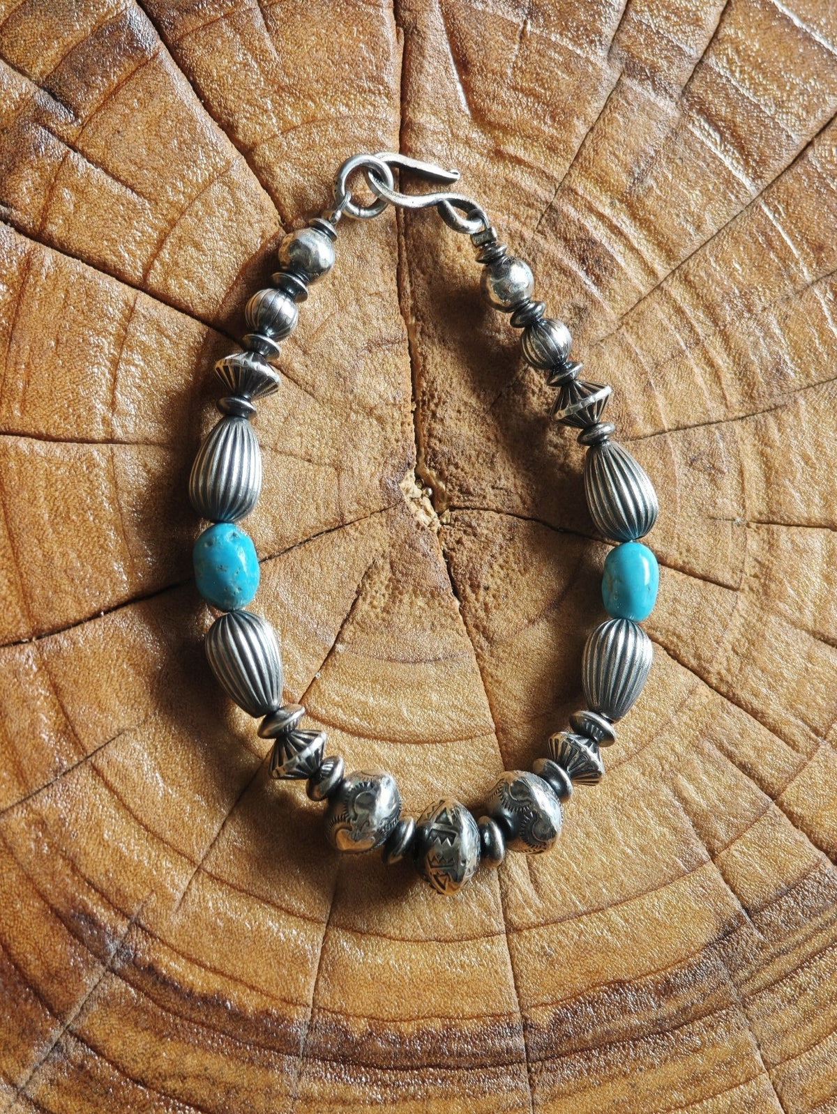 Handmade Navajo Silver Bead Turquoise Bracelet