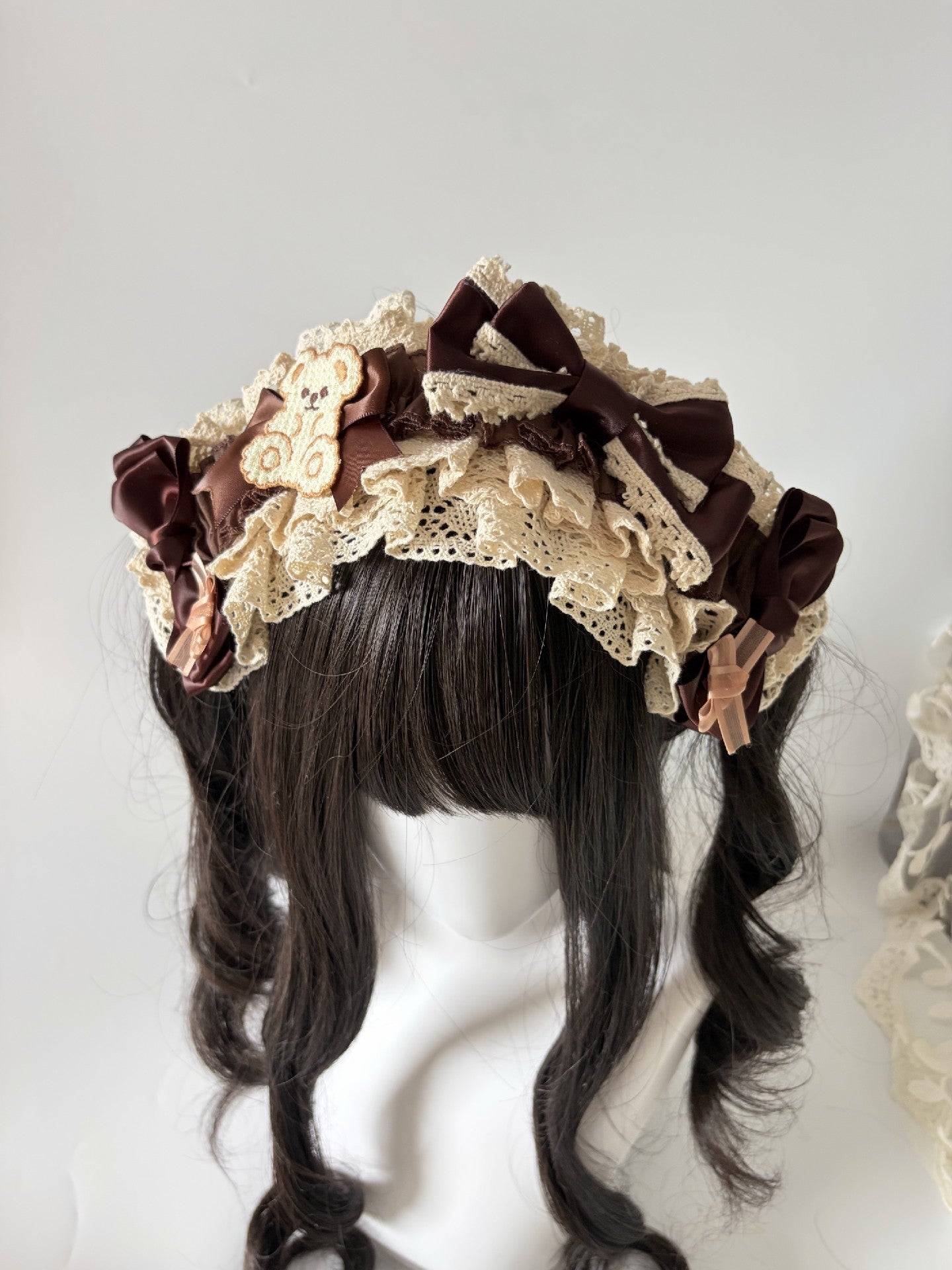 Chocolate Brown Lace Headband with Teddy Bear Appliqué and Satin Bows