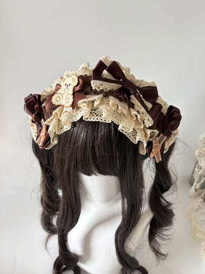 Chocolate Brown Lace Headband with Teddy Bear Appliqué and Satin Bows