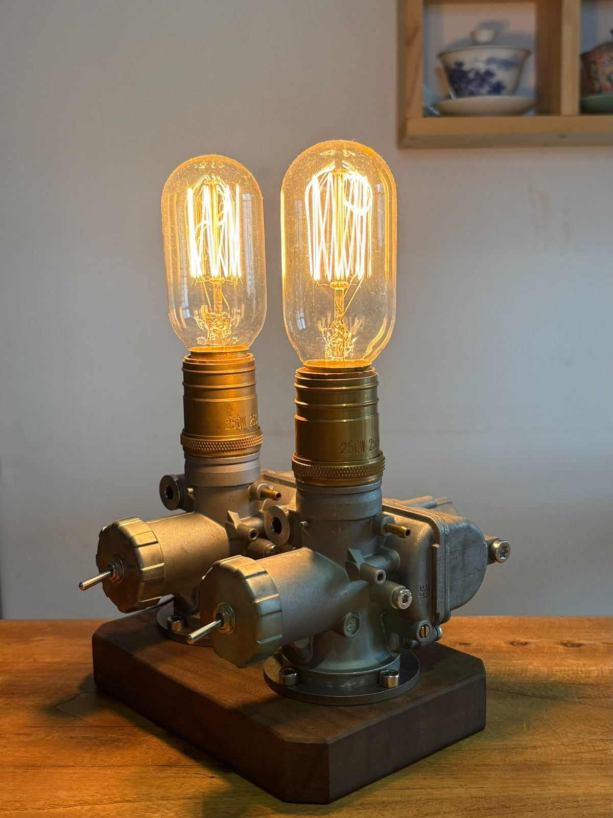 Steampunk Dual Head Mechanical Desk Lamp Walnut Base