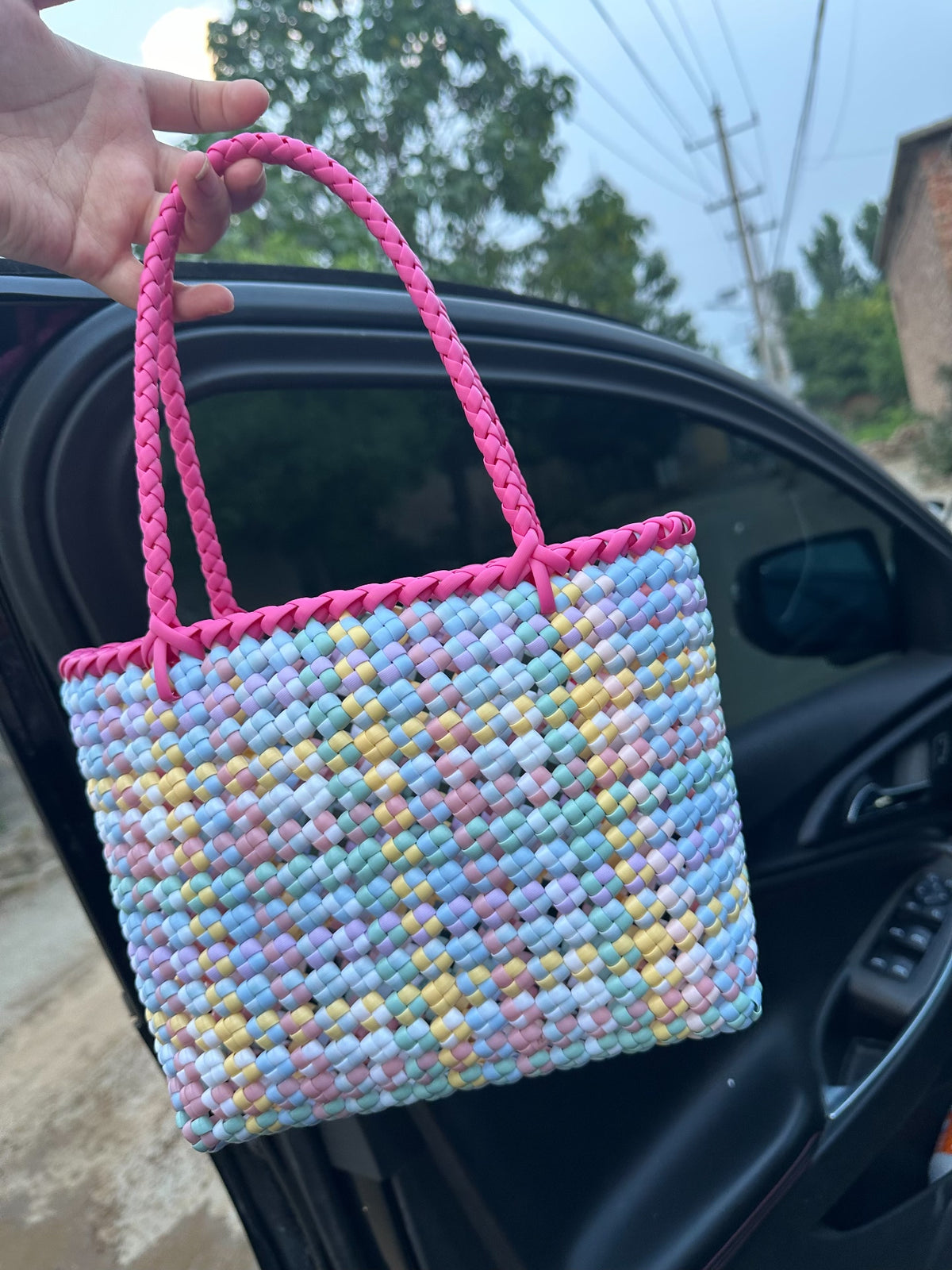 Handgewoven Rieten Tas Pastel Veelkleurig