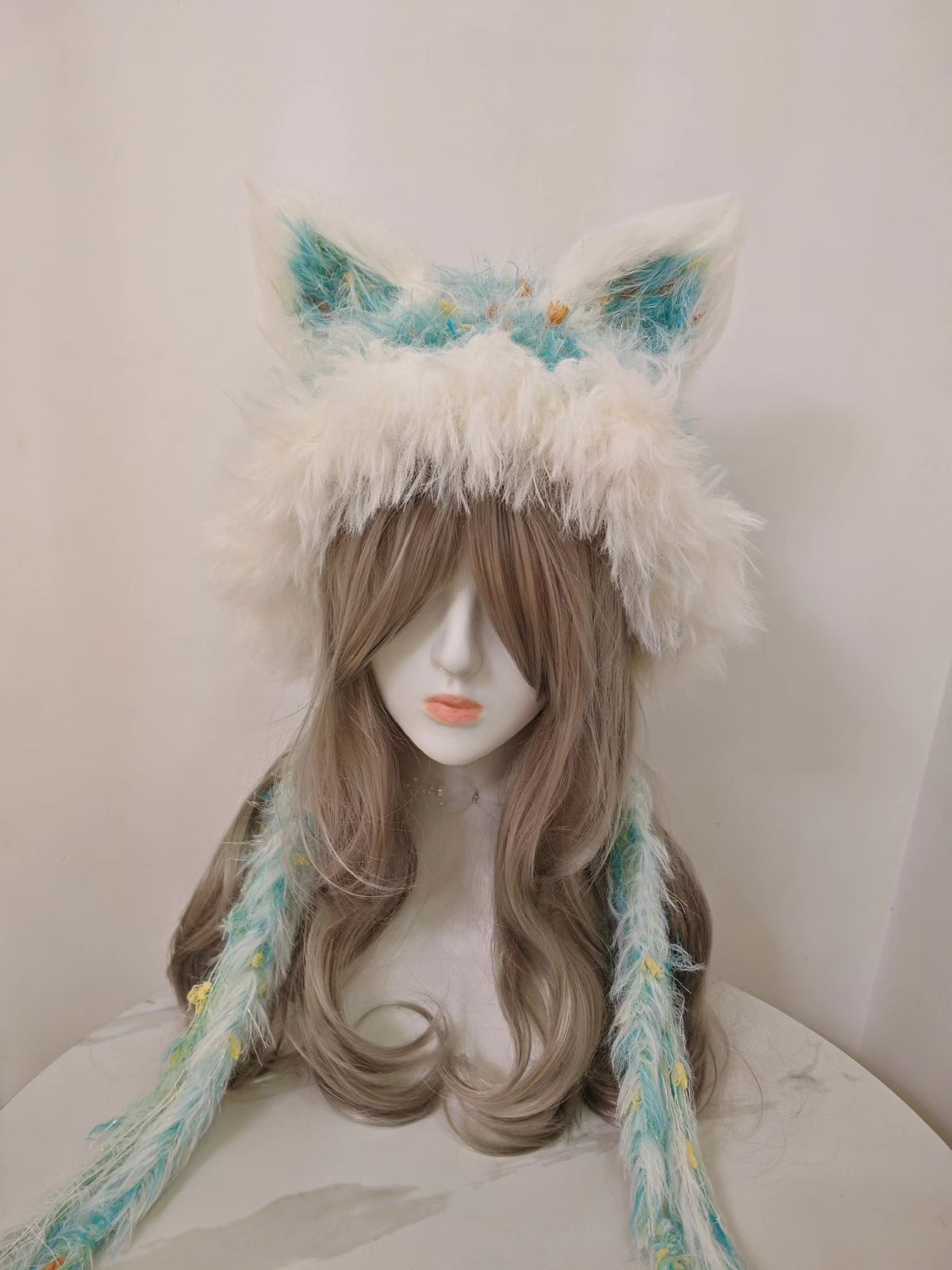 Glacier Blue Fox Hat with Braided Tails