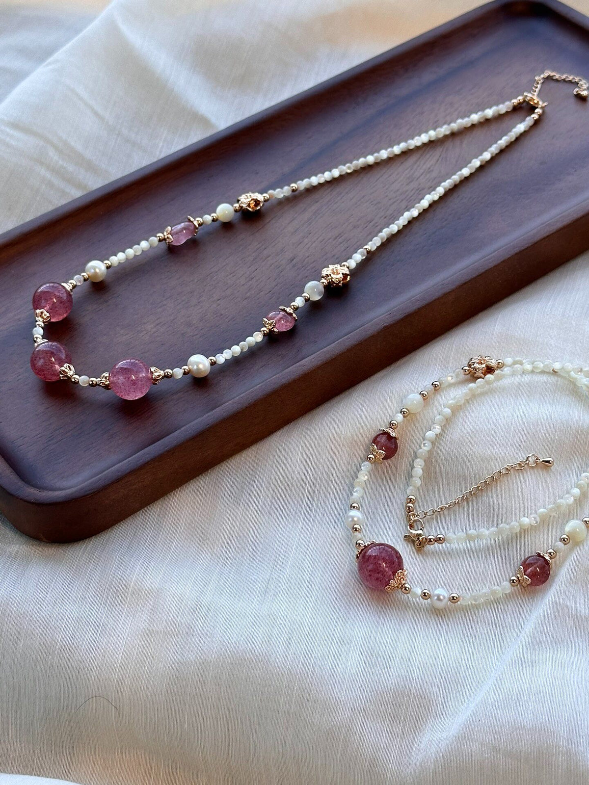 Strawberry Quartz Pearl Beaded Necklace