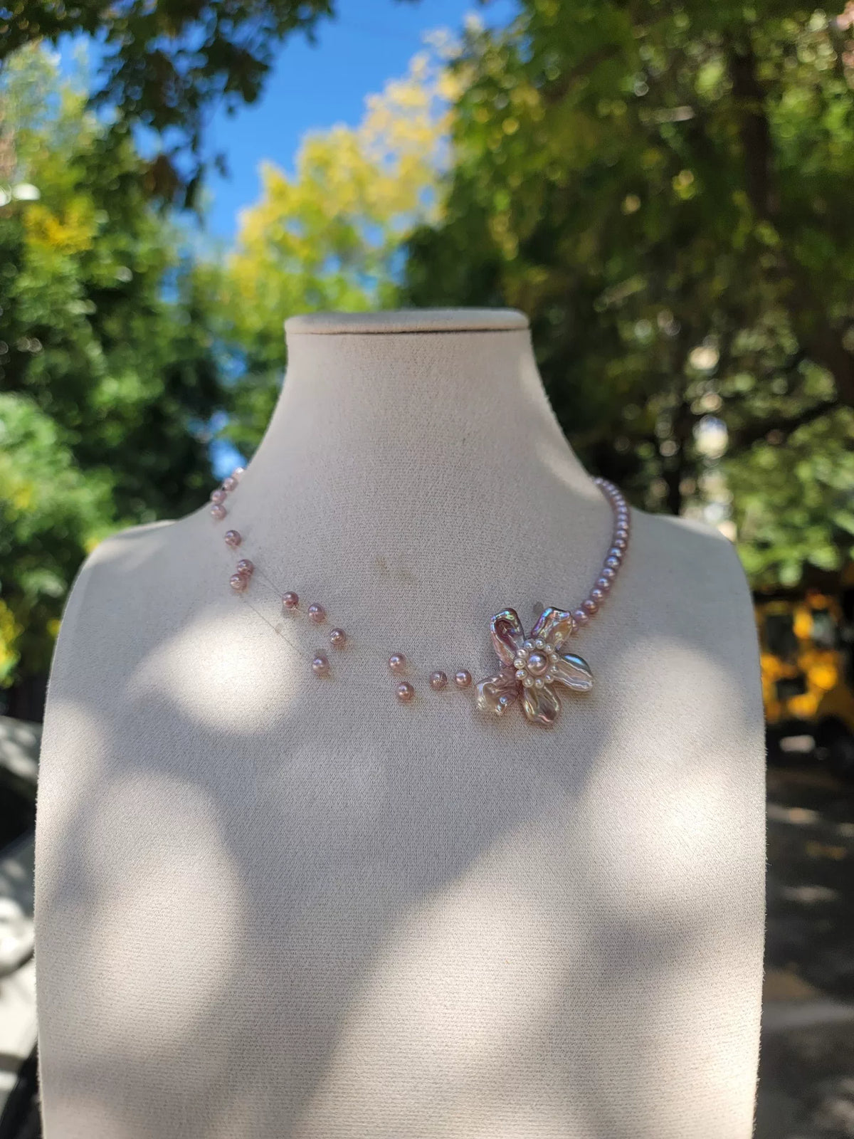 Pink Purple Natural Pearl Flower Necklace