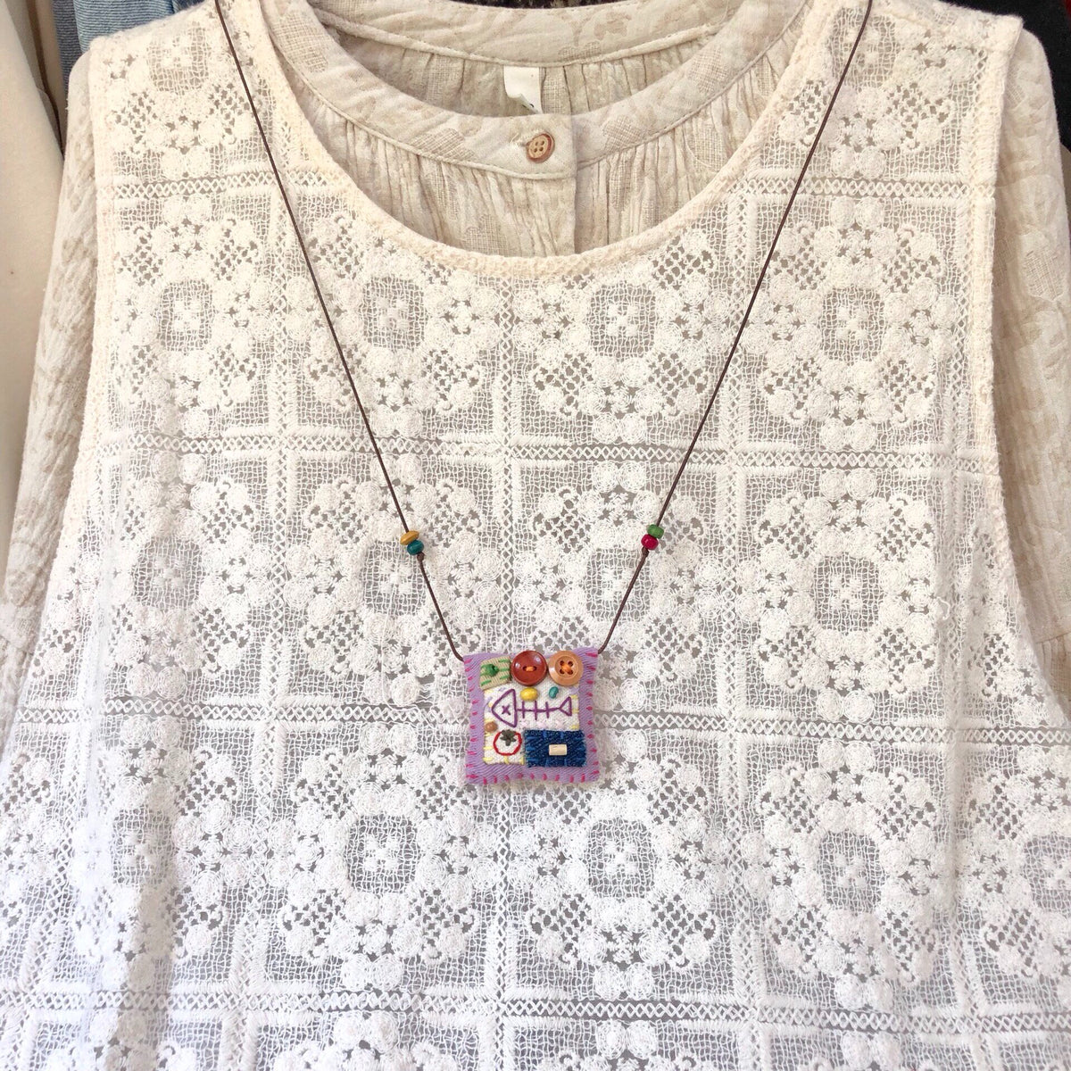 Handmade Hand Sewn Necklace Purple Fabric Pendant