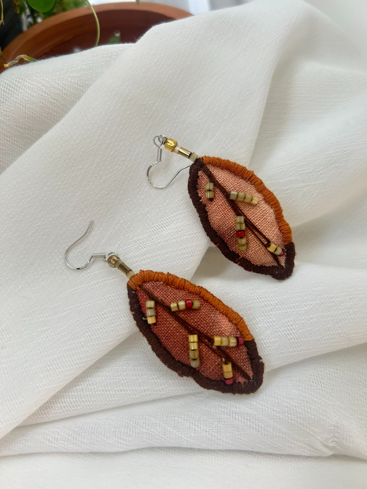 Handcrafted Fabric Leaf Earrings with Beaded Veins