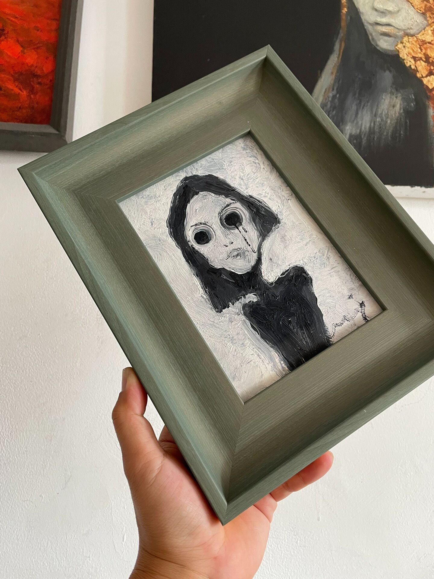 15x20cm Hand-Painted Oil Portrait Tabletop Art in Sage Frame