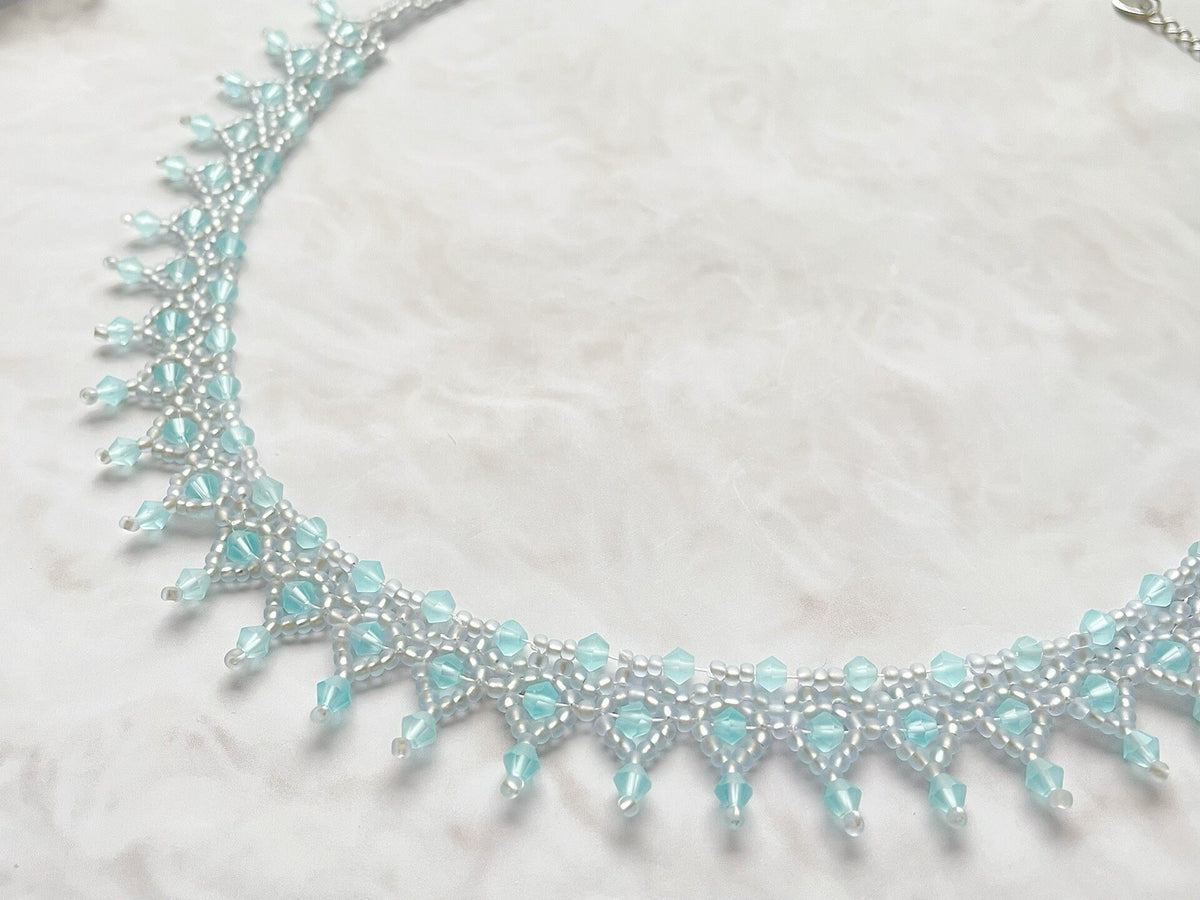 Handmade Frosted Blue Beaded Lolita Necklace