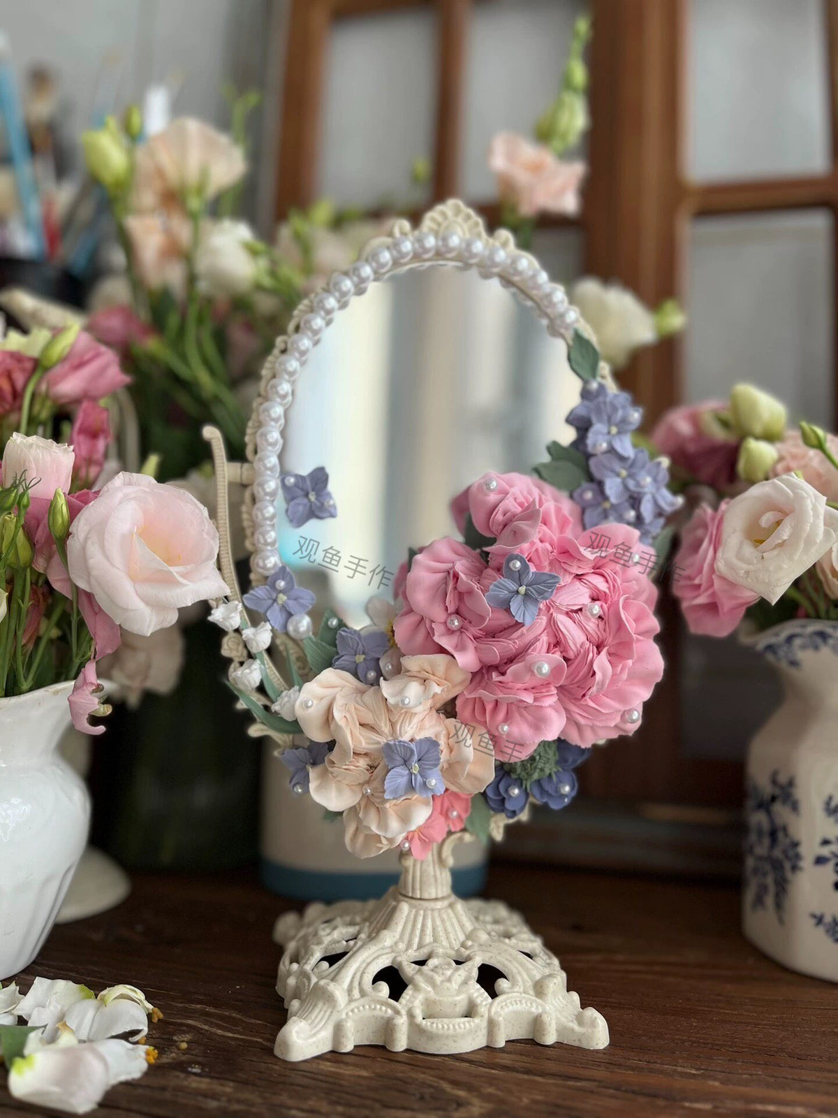 Clay Flower Decorated Oval Mirror