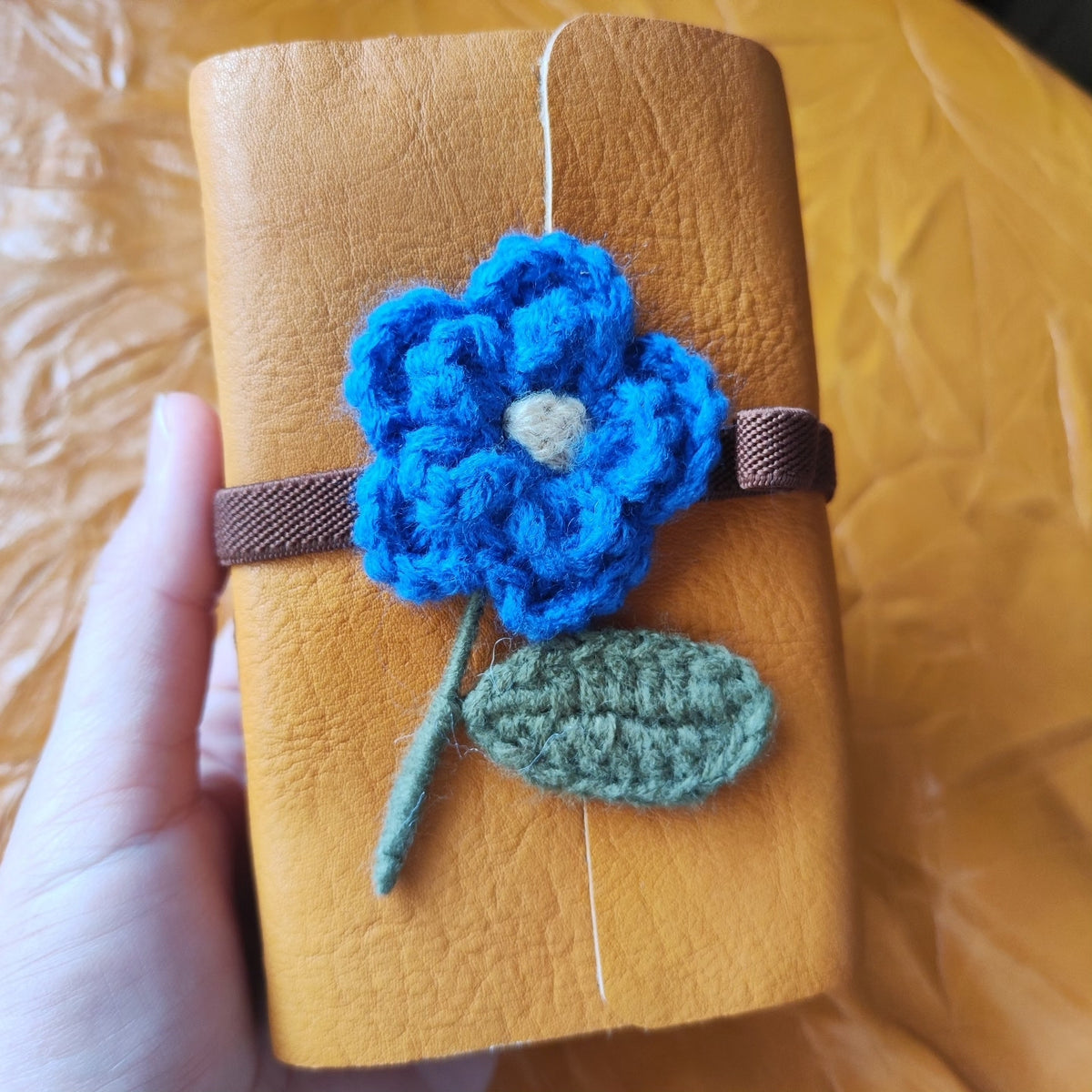 Handmade Cowhide Notebook with Crocheted Flower