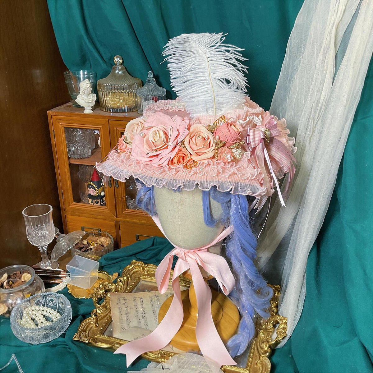 Lolita Straw Flat Hat Pink Ruffled