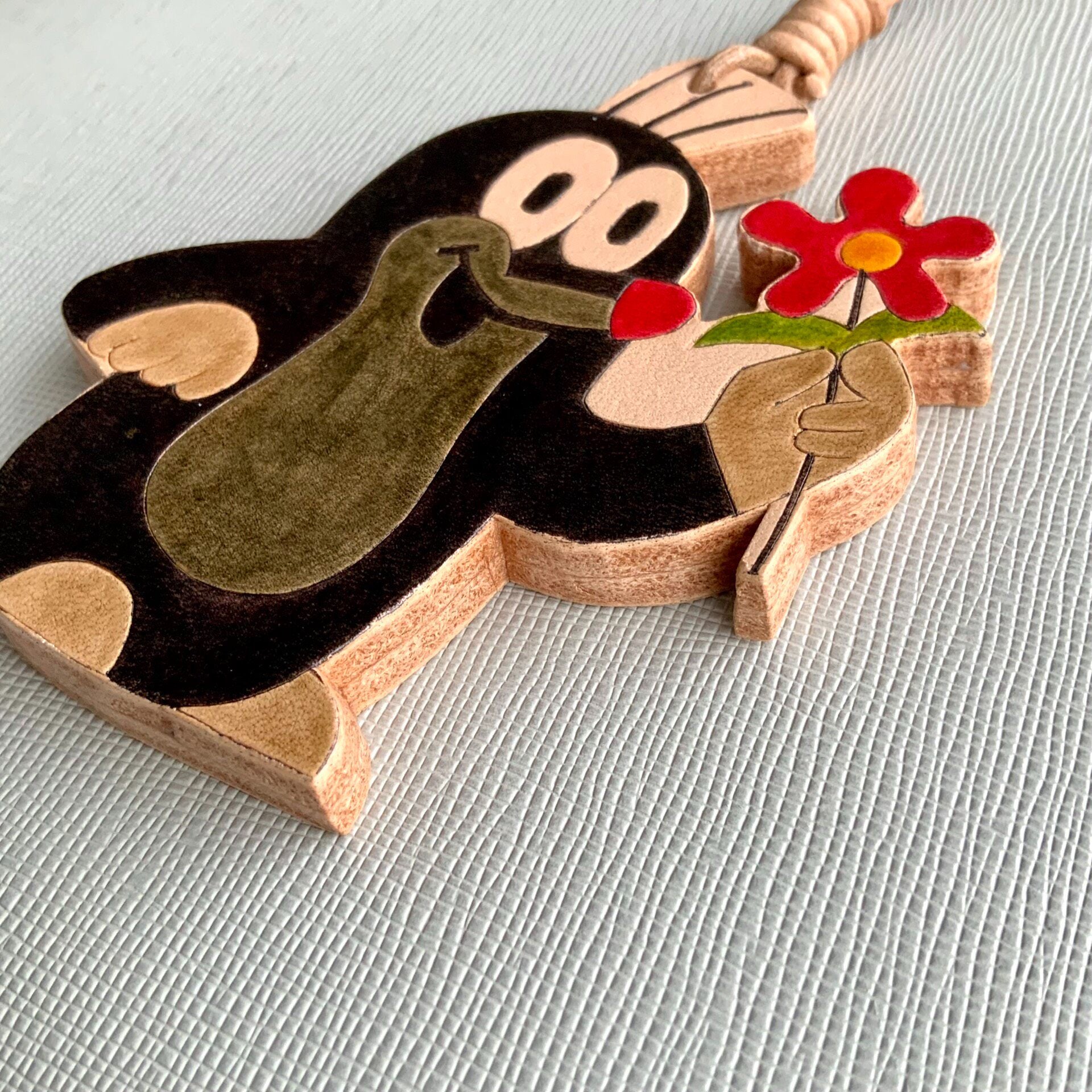 Large Leather Keychain - The Little Mole Design with Flower