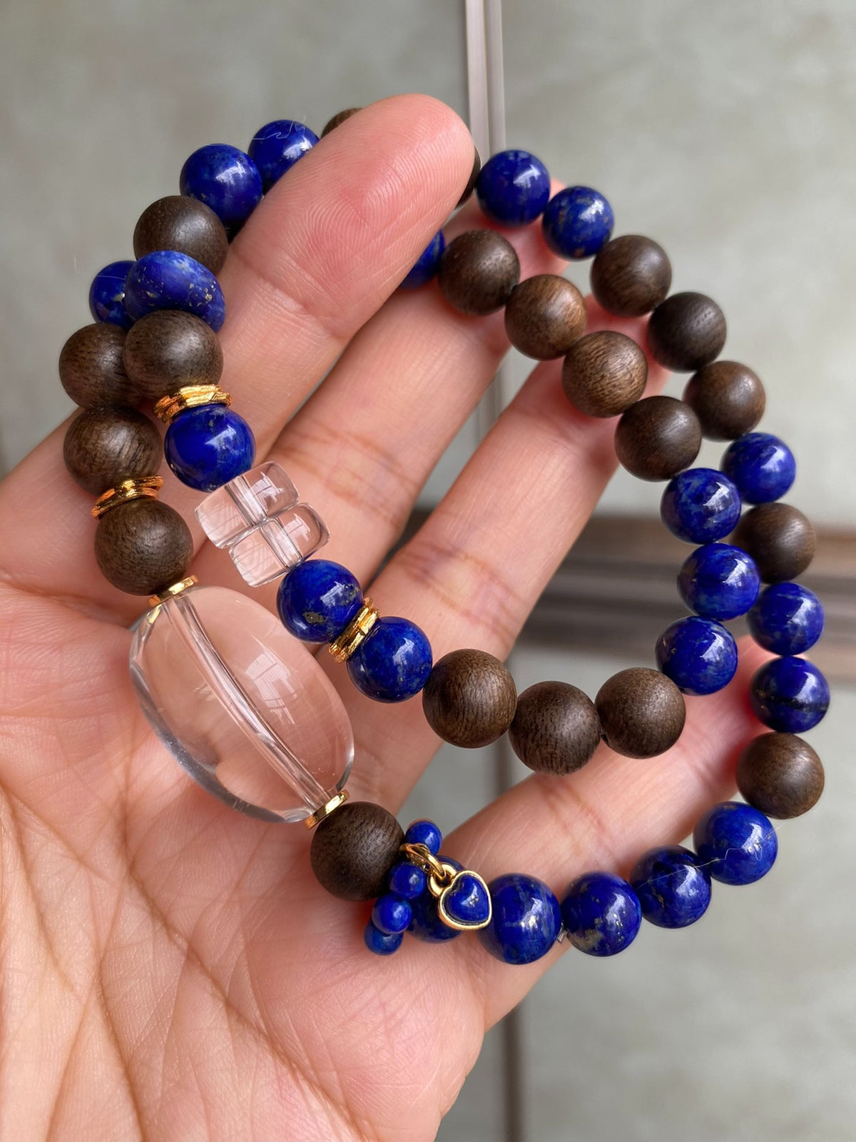 Double Strand Wood Lapis Bracelet