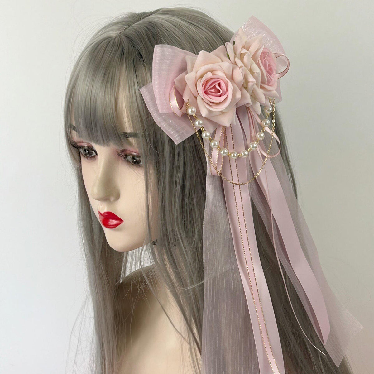 Lolita Bow Hair Clip with Pearl Chains