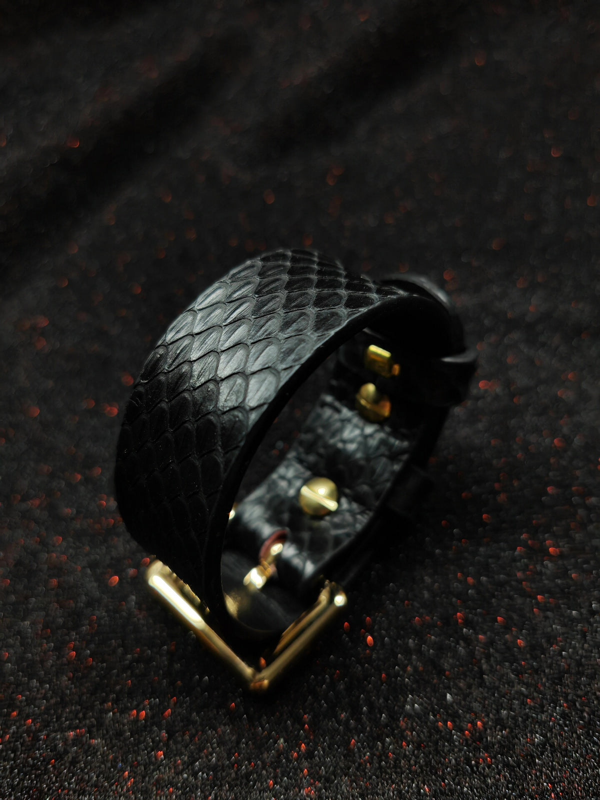 Wide Black Snakeskin Leather Cuff Bracelet