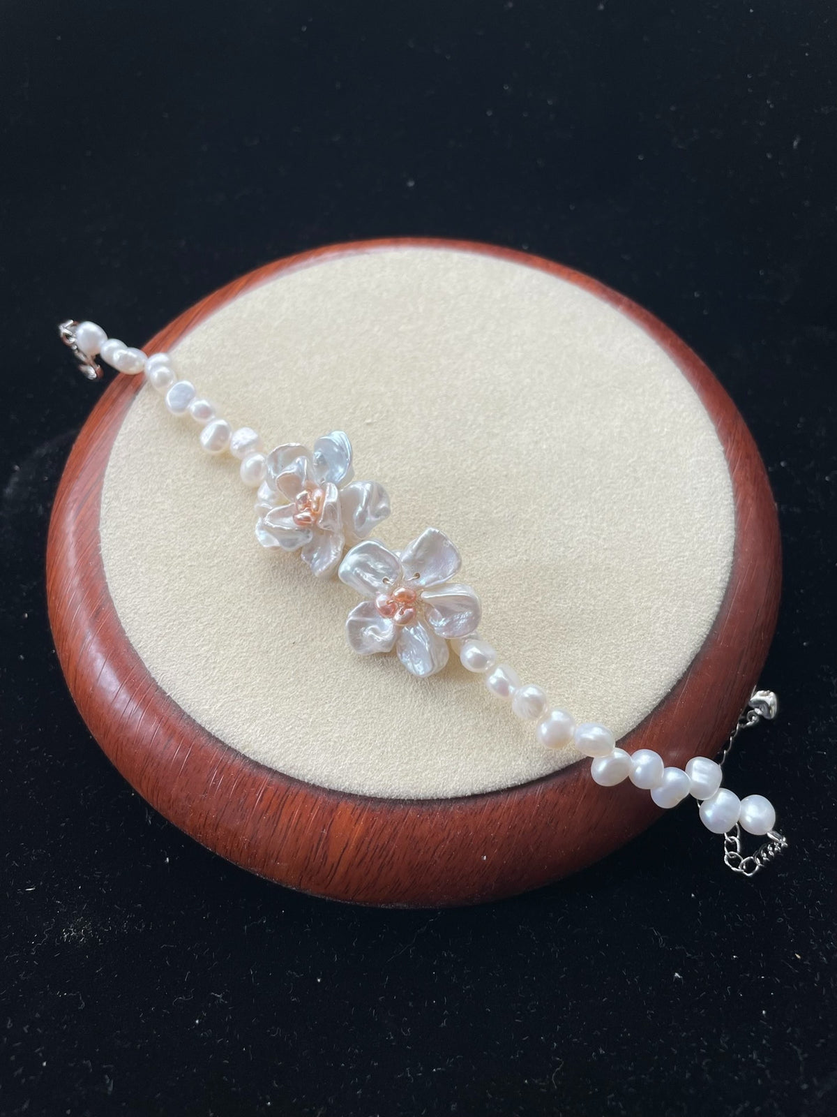 Natural Pearl Bracelet Silver Blue Flowers