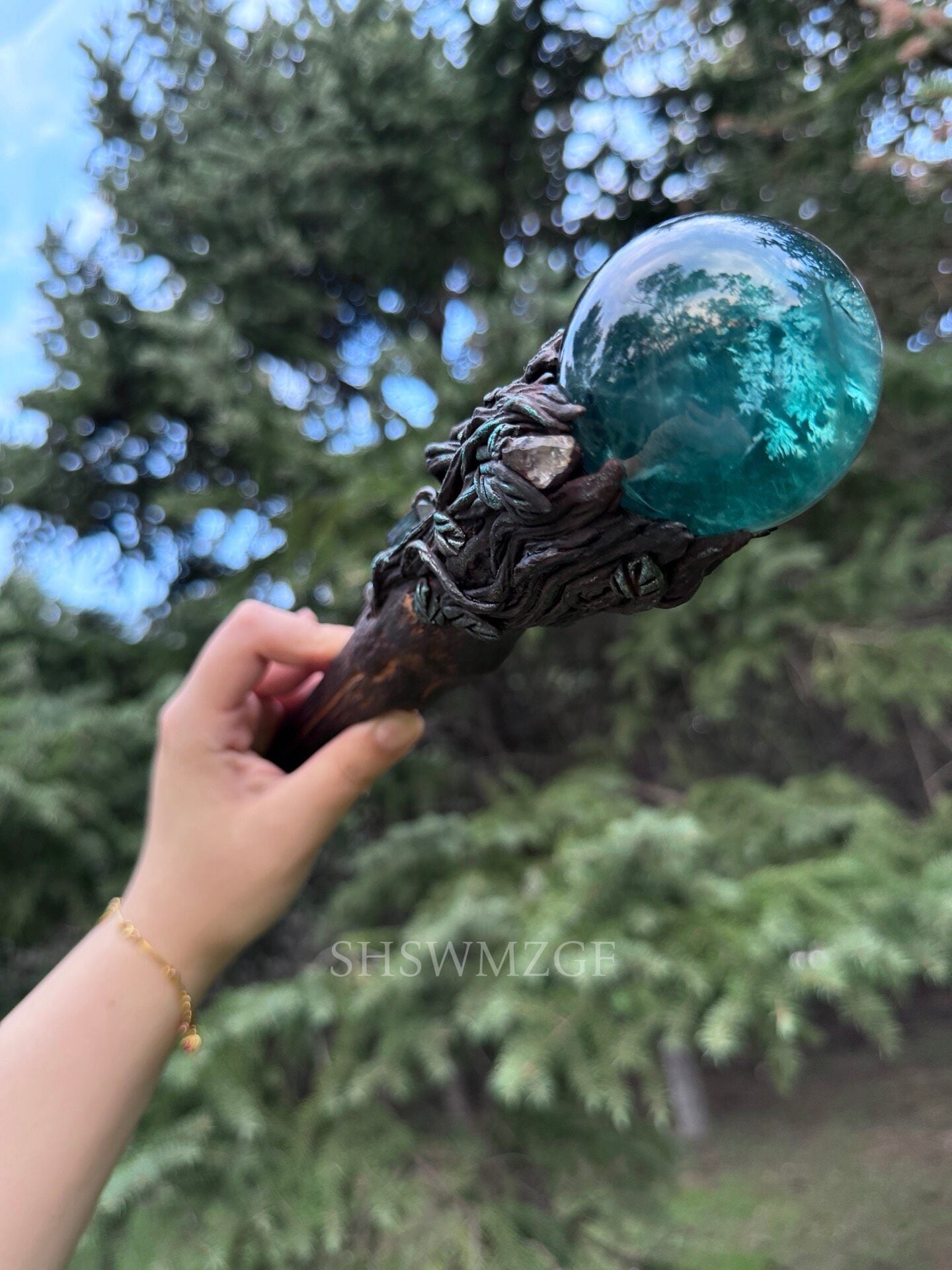 Blue-Green Fluorite Sphere Scepter with Wood Handle, 65cm