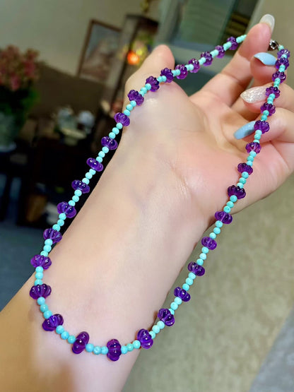 Amethyst and Turquoise Pumpkin Bead Necklace 44cm