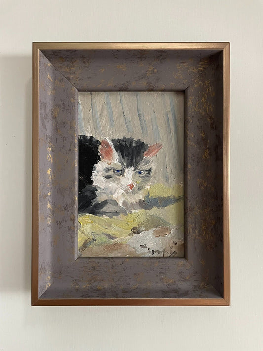Small Cat Oil Painting in Distressed Frame