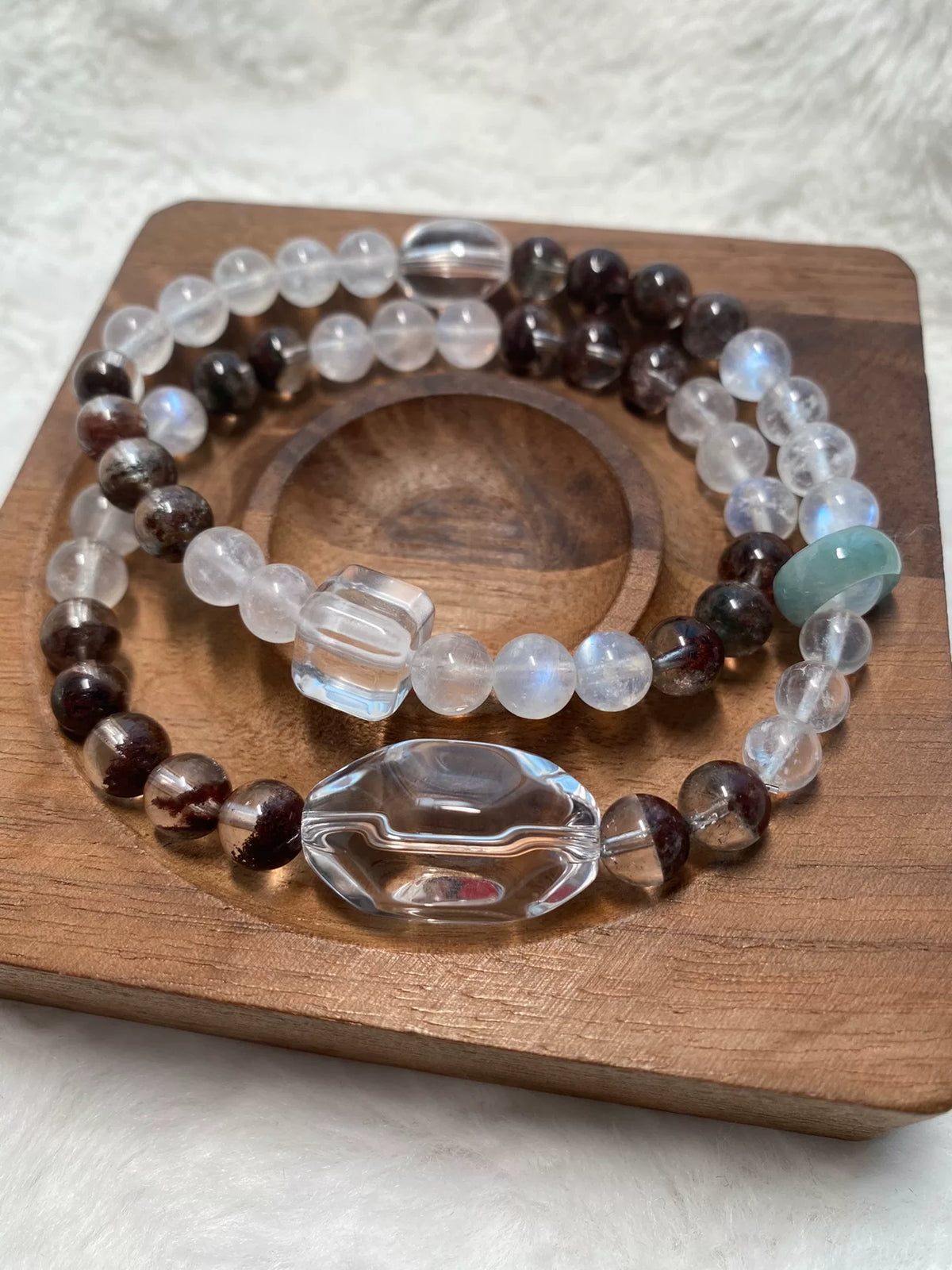 Clear Quartz Phantom Moonstone Beaded Bracelet Set