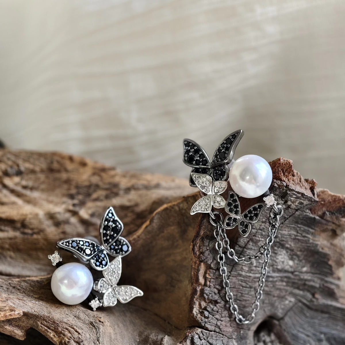 Asymmetric Butterfly Pearl Silver Stud Earrings