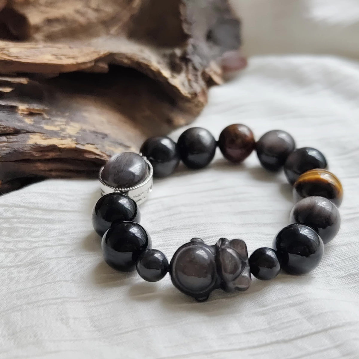 Black Obsidian Silver Sheen Beaded Bracelet