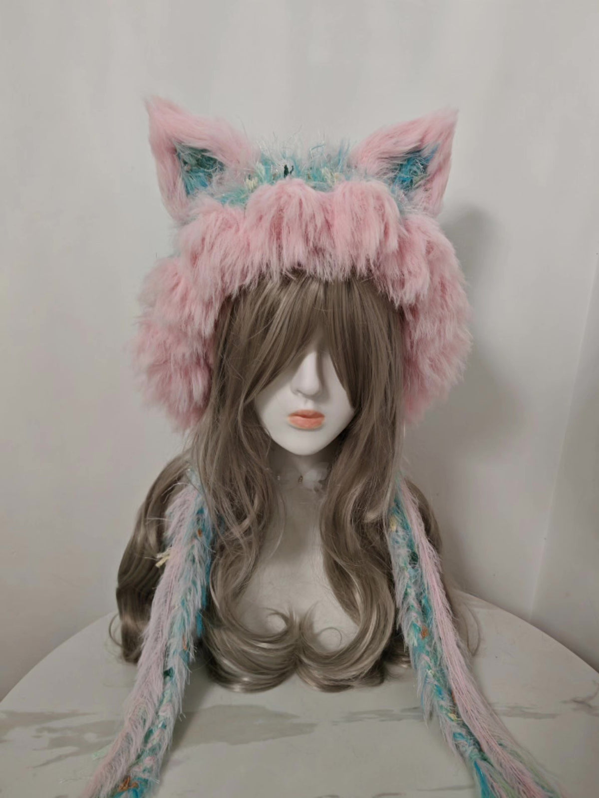 Pink Blue Fox Hat with Braided Tassels