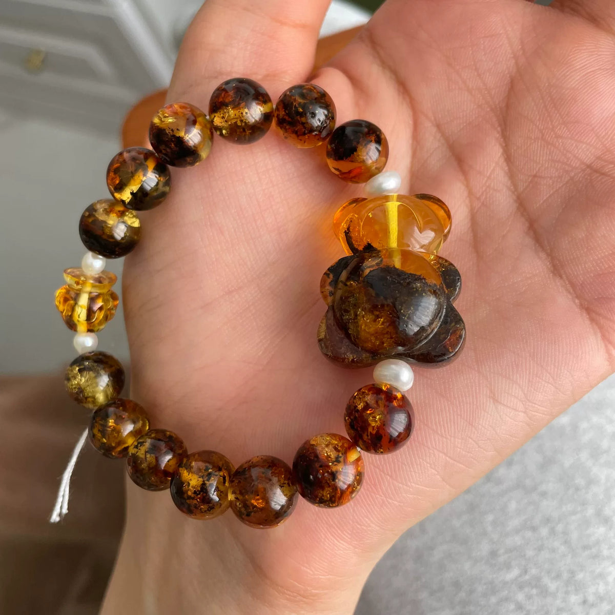 Natural Amber Bear Charm Bracelet 9mm Beads