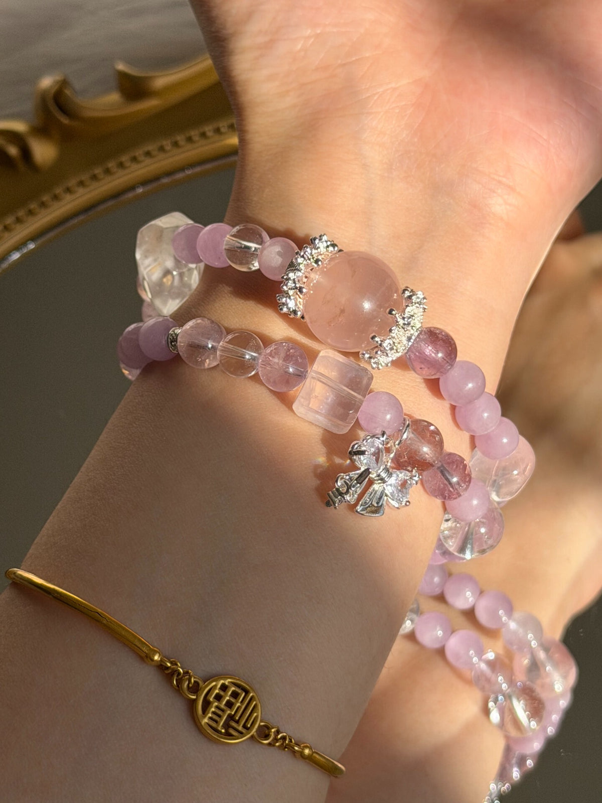 Bracelet en cristaux naturels quartz rose kunzite