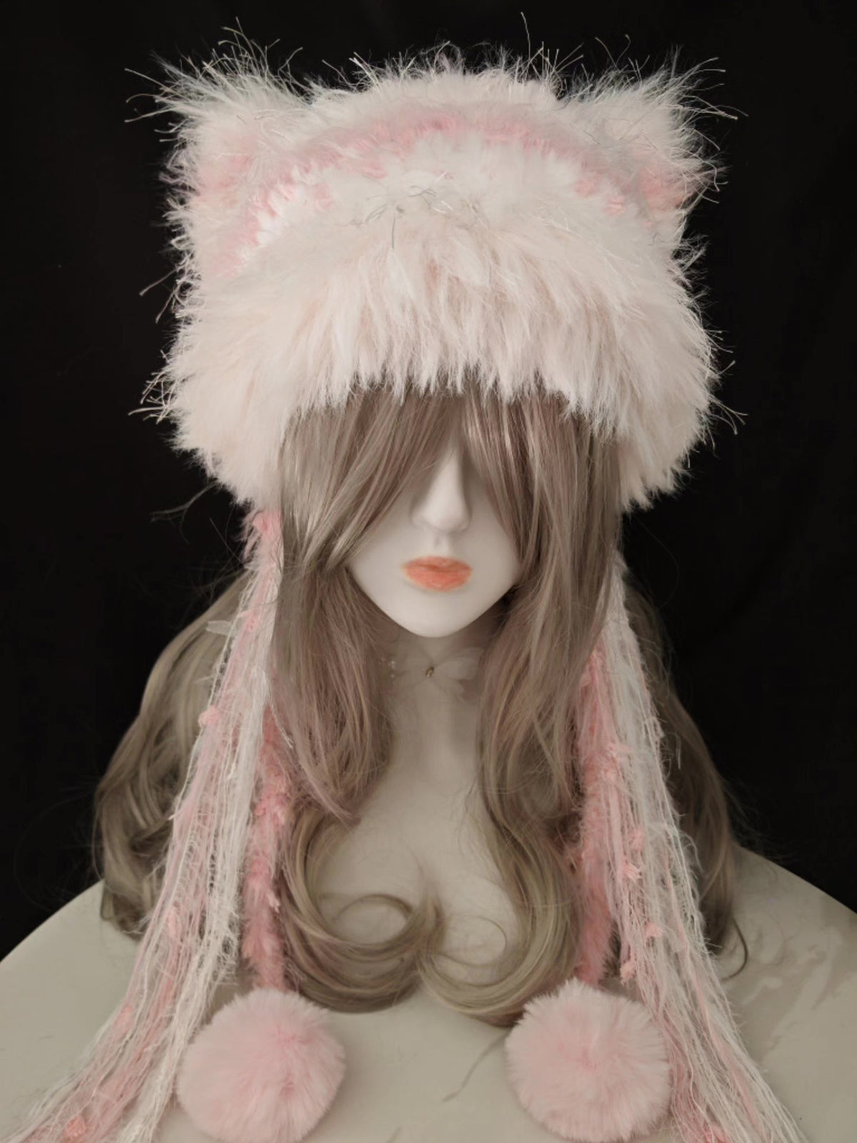 Plush Cat Ear Hat with Pom Pom Tassels