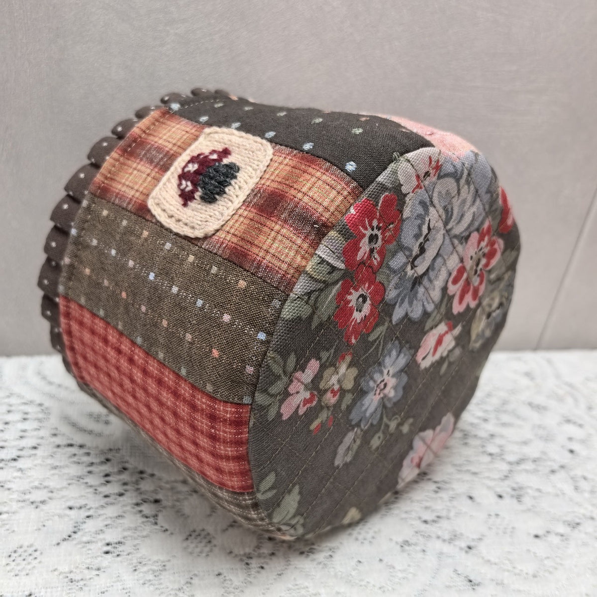 Handmade Patchwork Storage Bucket with Mushroom Embroidery