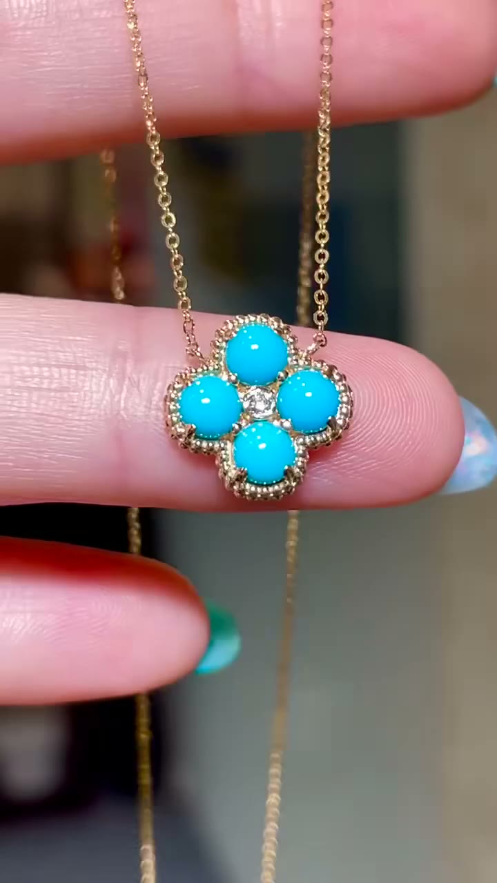 18K Gold Four Leaf Clover Blue Stone Necklace