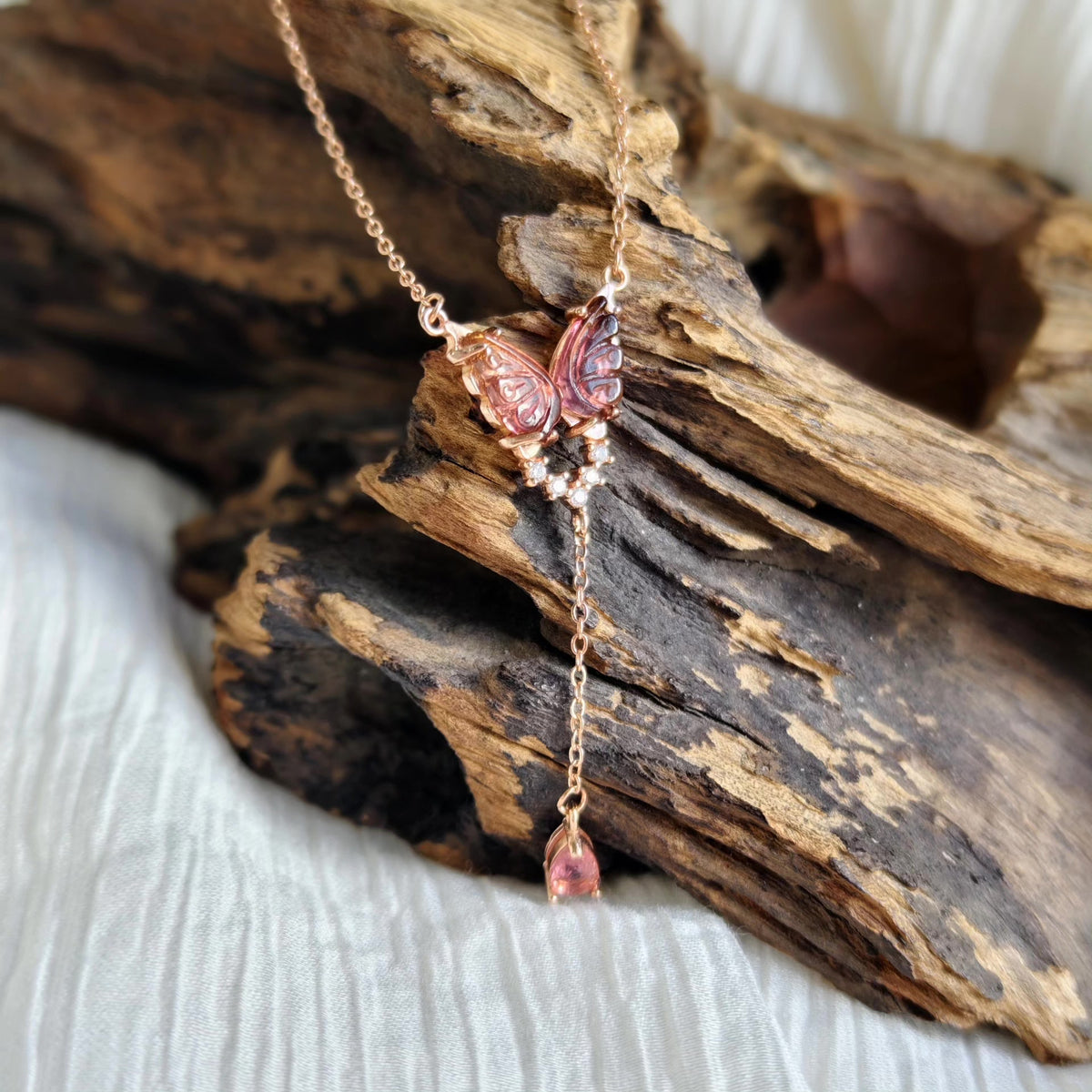 Ciondolo Farfalla Turmalina Anguria Oro Rosa Argento