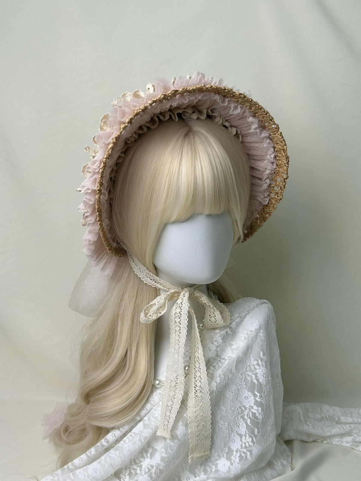 Antique Pink Ruffled Straw Bonnet