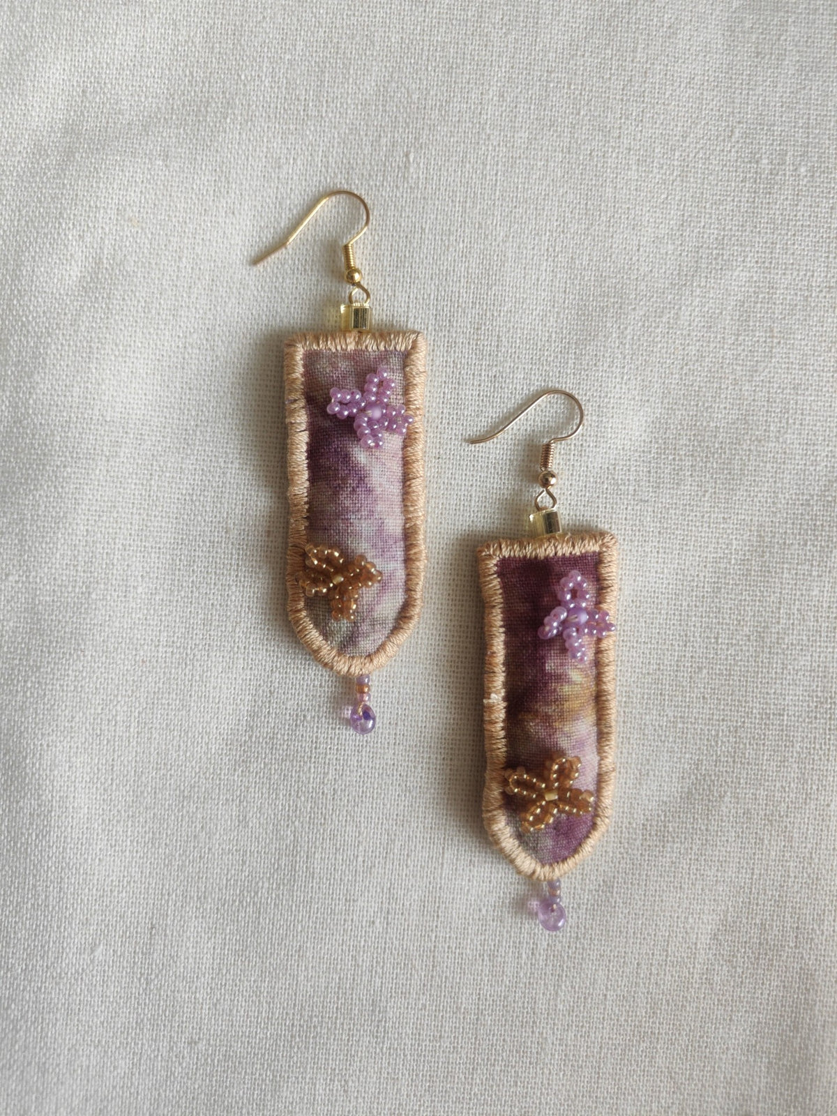 Handmade Fabric Earrings Purple Beaded Floral