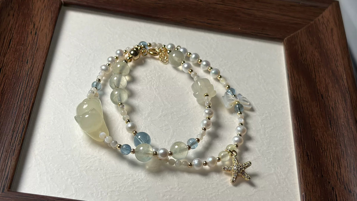 Xiuyan Jade Cat Pearl Double Layer Bracelet