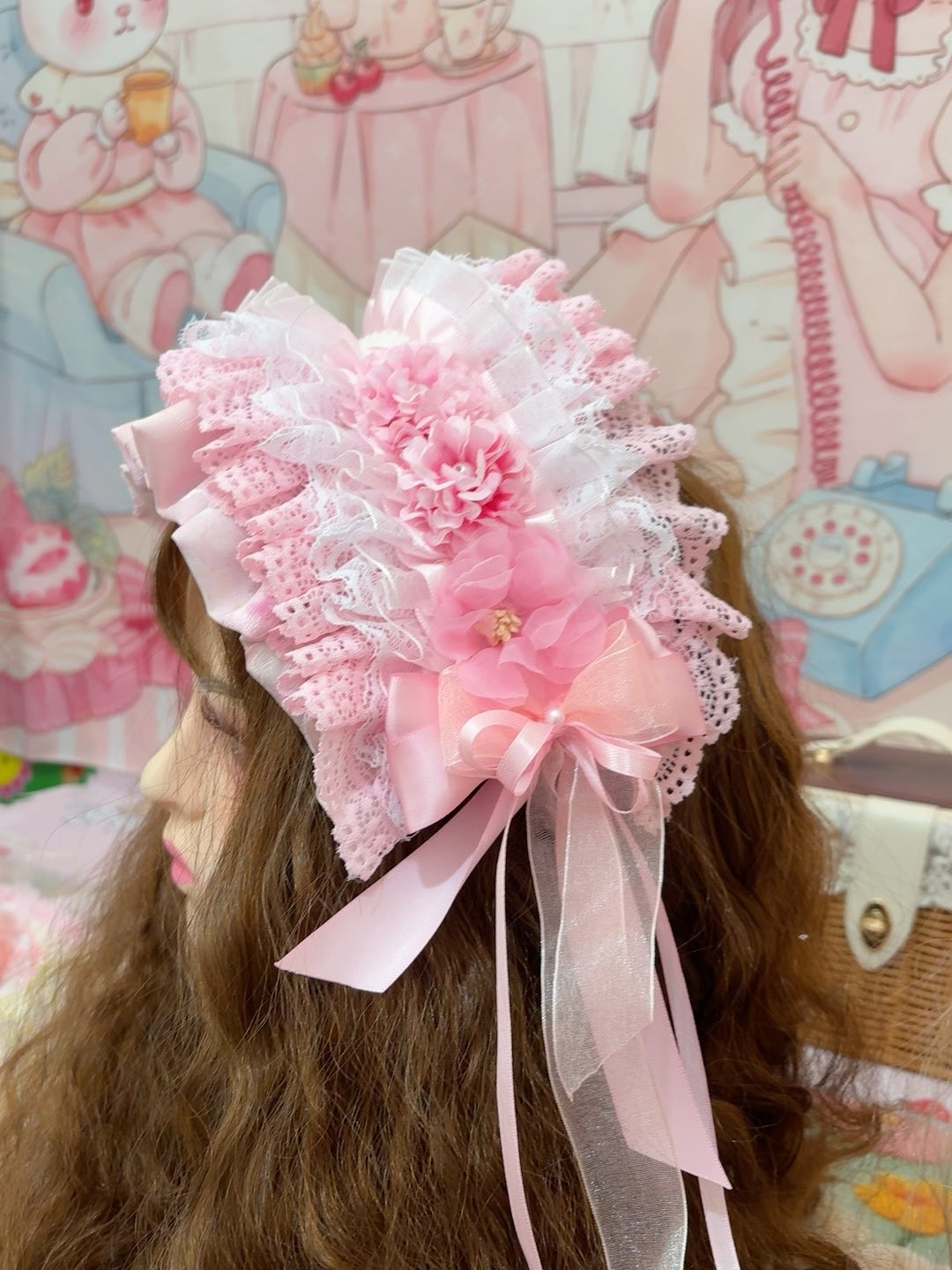 Pastelroze Bloemen Lolita Platte Beret Hoofdtostuk