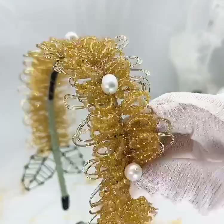 Sunflower Beaded Headband with Pearl Accents