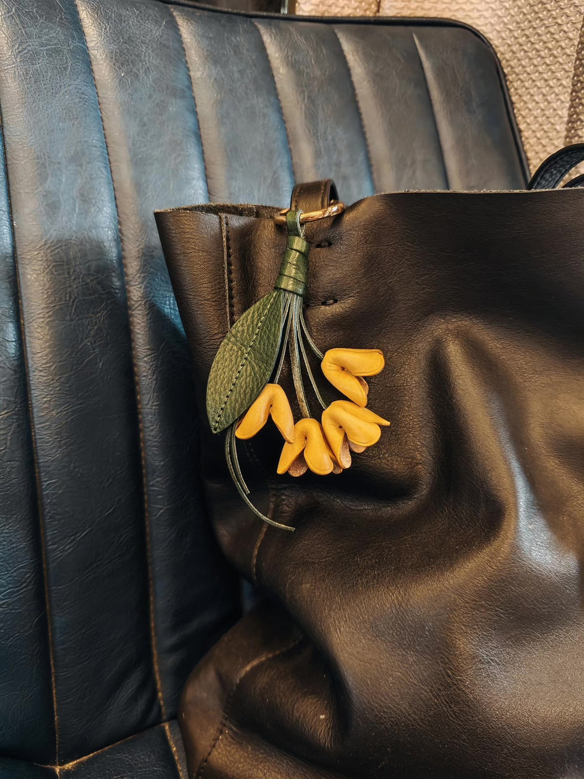 Vegetable-Tanned Leather Floral Bouquet Keychain Charm