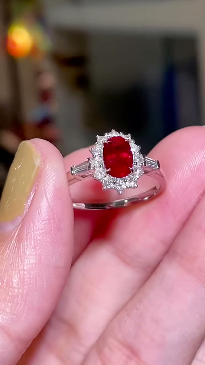 Ruby Halo Ring with Baguette Accents