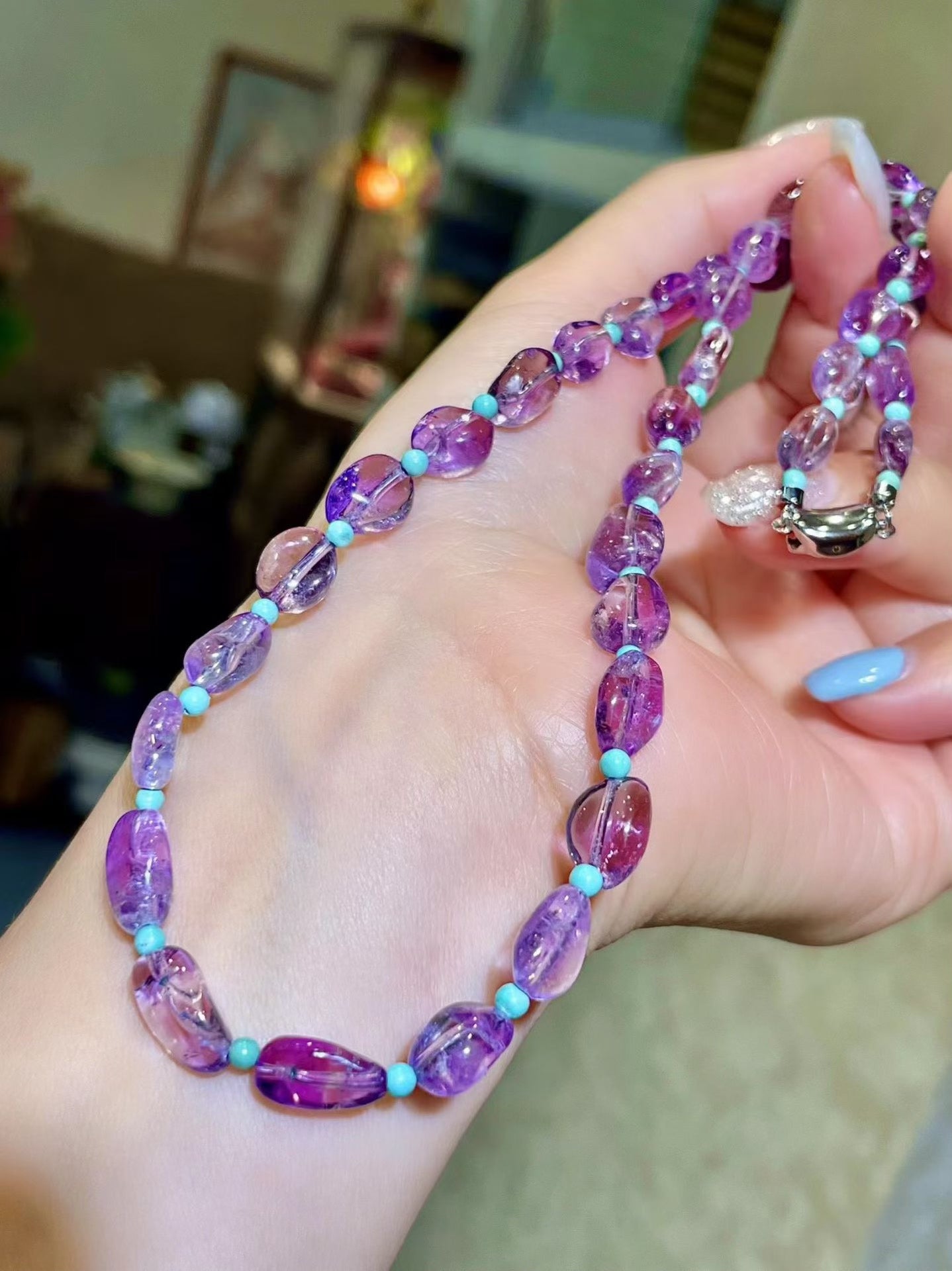 Freeform Amethyst and Turquoise Bead Necklace, 44cm