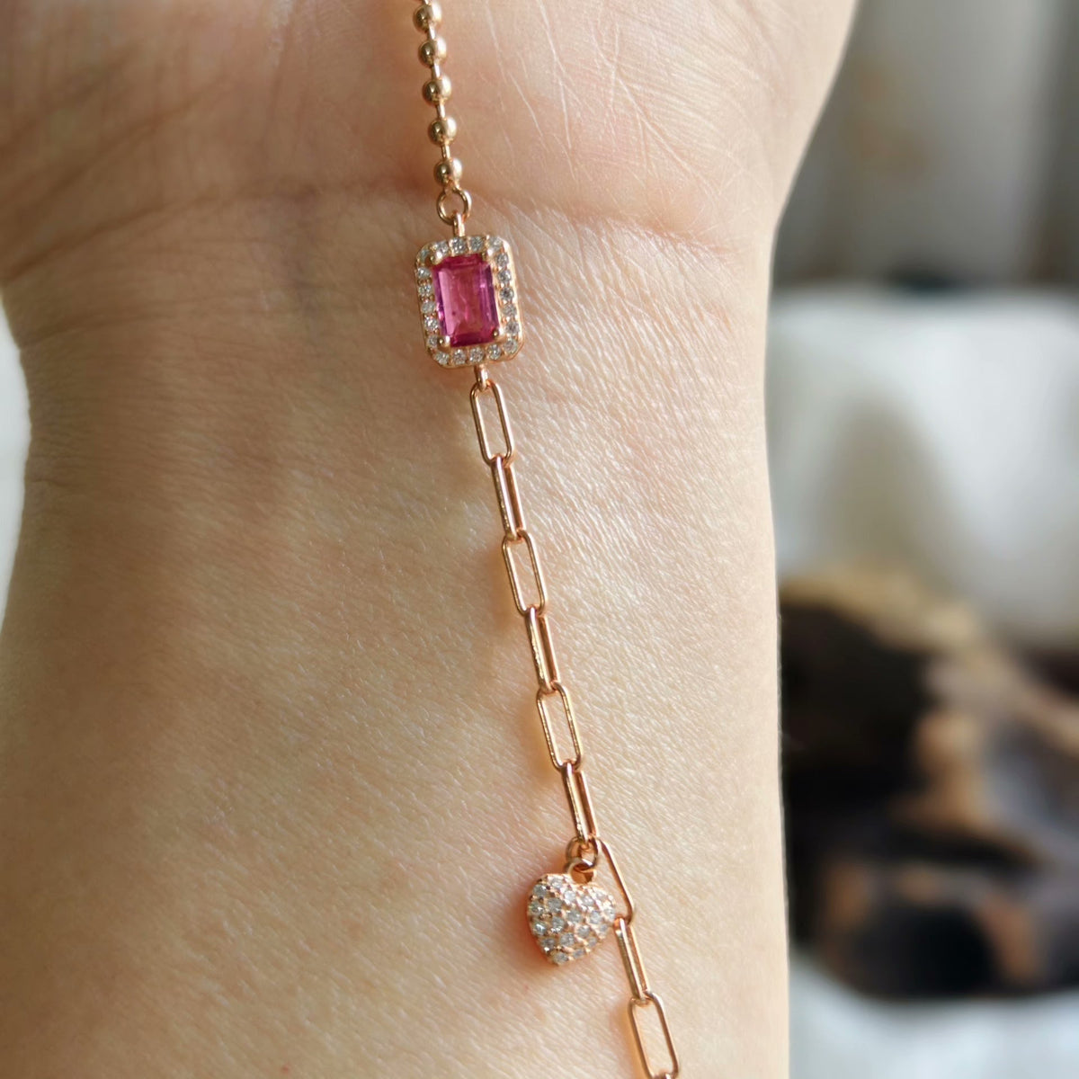 Tourmaline Heart Pendant Rose Gold Bracelet